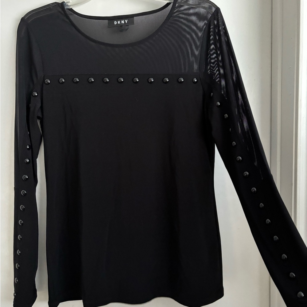 DKNY Black Sheer Sleeve Blouse with Button Accents